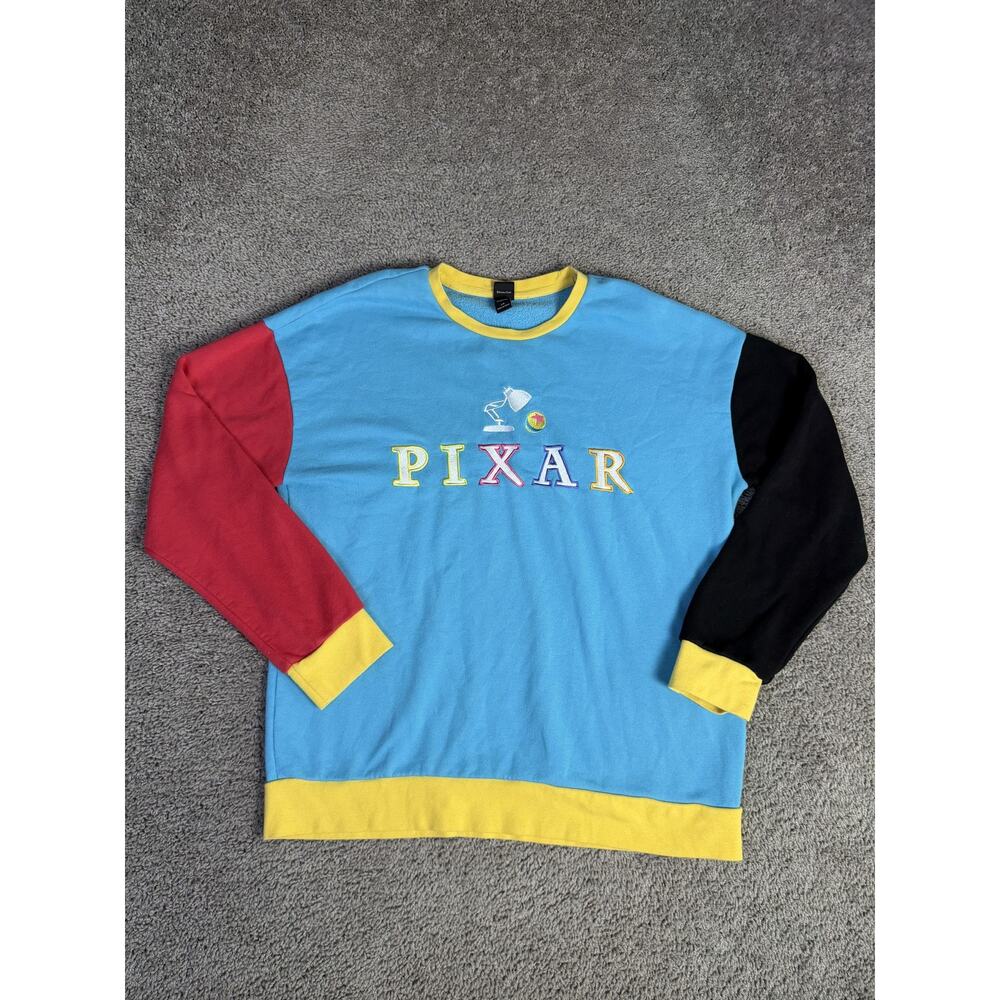 Pixar Sweatshirt Mens L Blue Luxo Jr Ball Embroidered Logo Colorblock Crewneck